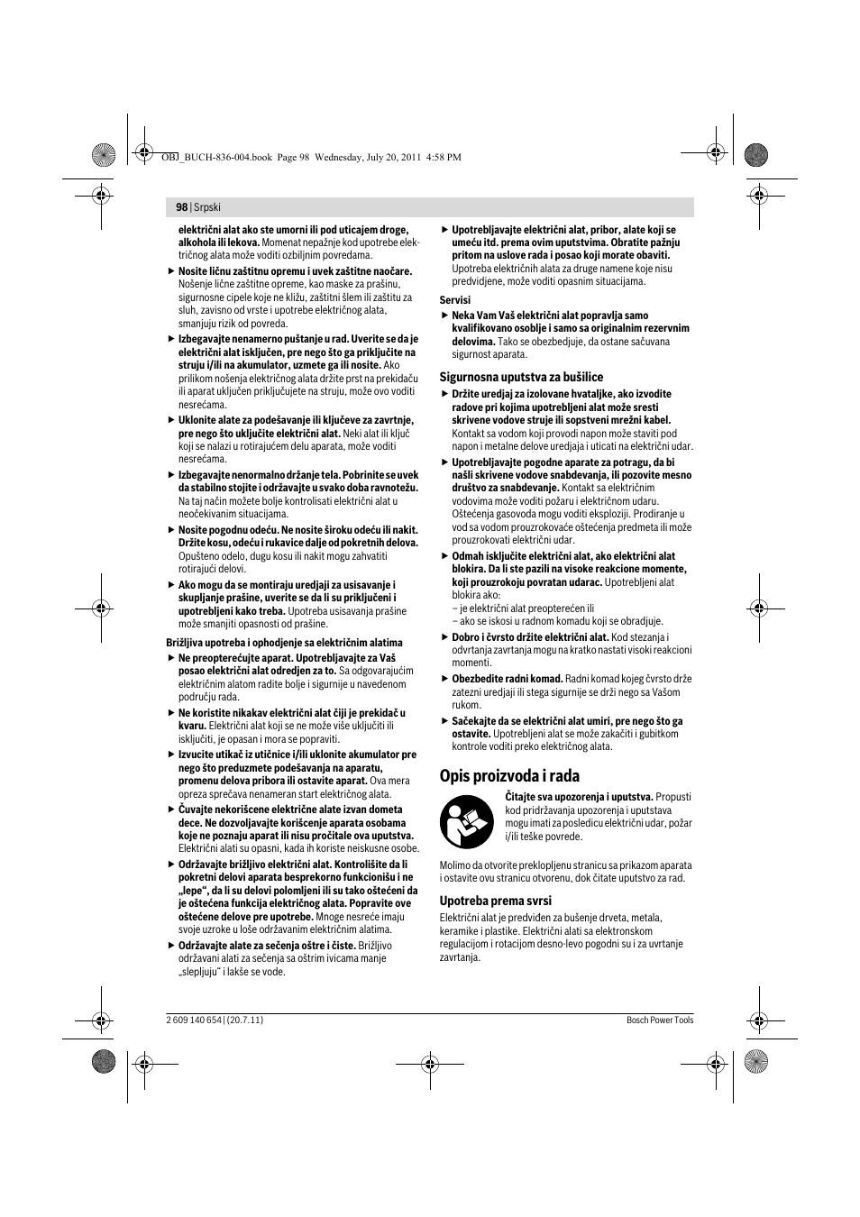 Opis proizvoda i rada | Bosch GBM 6 RE Professional User Manual | Page 98 / 130