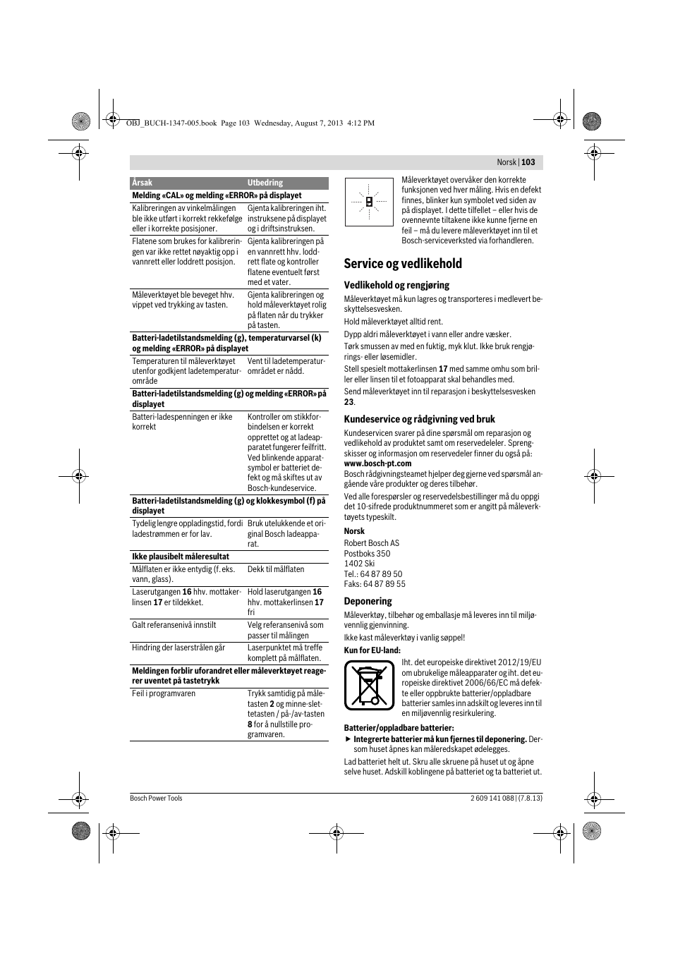 Service og vedlikehold | Bosch GLM 80 + R 60 Professional User Manual | Page 103 / 309