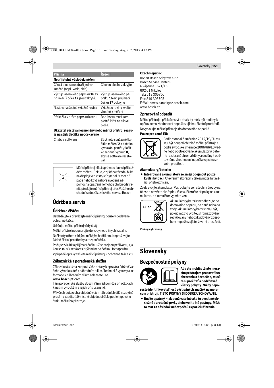 Slovensky, Údržba a servis, Bezpečnostné pokyny | Bosch GLM 80 + R 60 Professional User Manual | Page 151 / 309