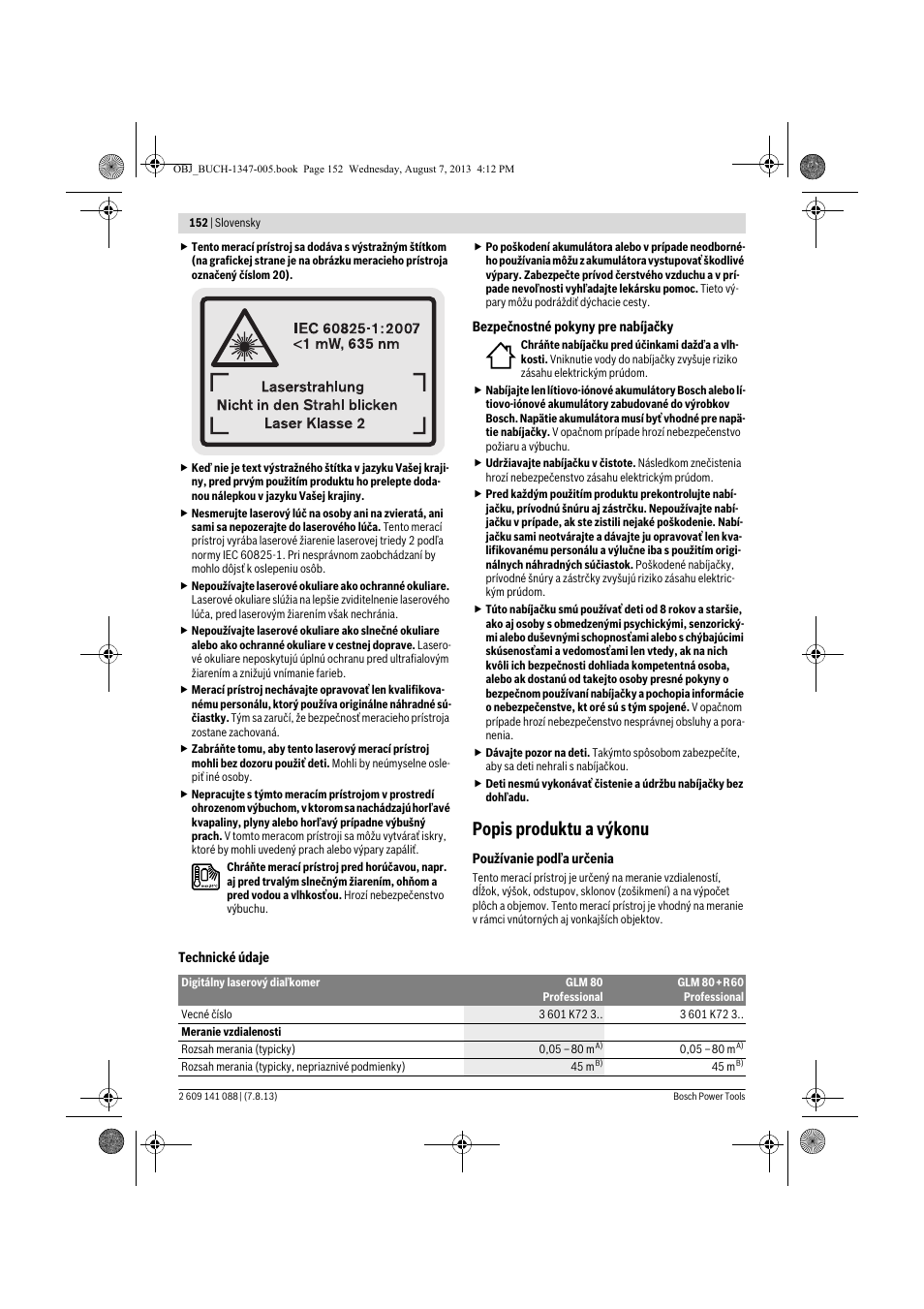 Popis produktu a výkonu | Bosch GLM 80 + R 60 Professional User Manual | Page 152 / 309