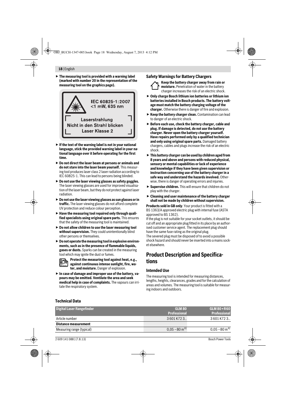 Product description and specifica- tions | Bosch GLM 80 + R 60 Professional User Manual | Page 18 / 309