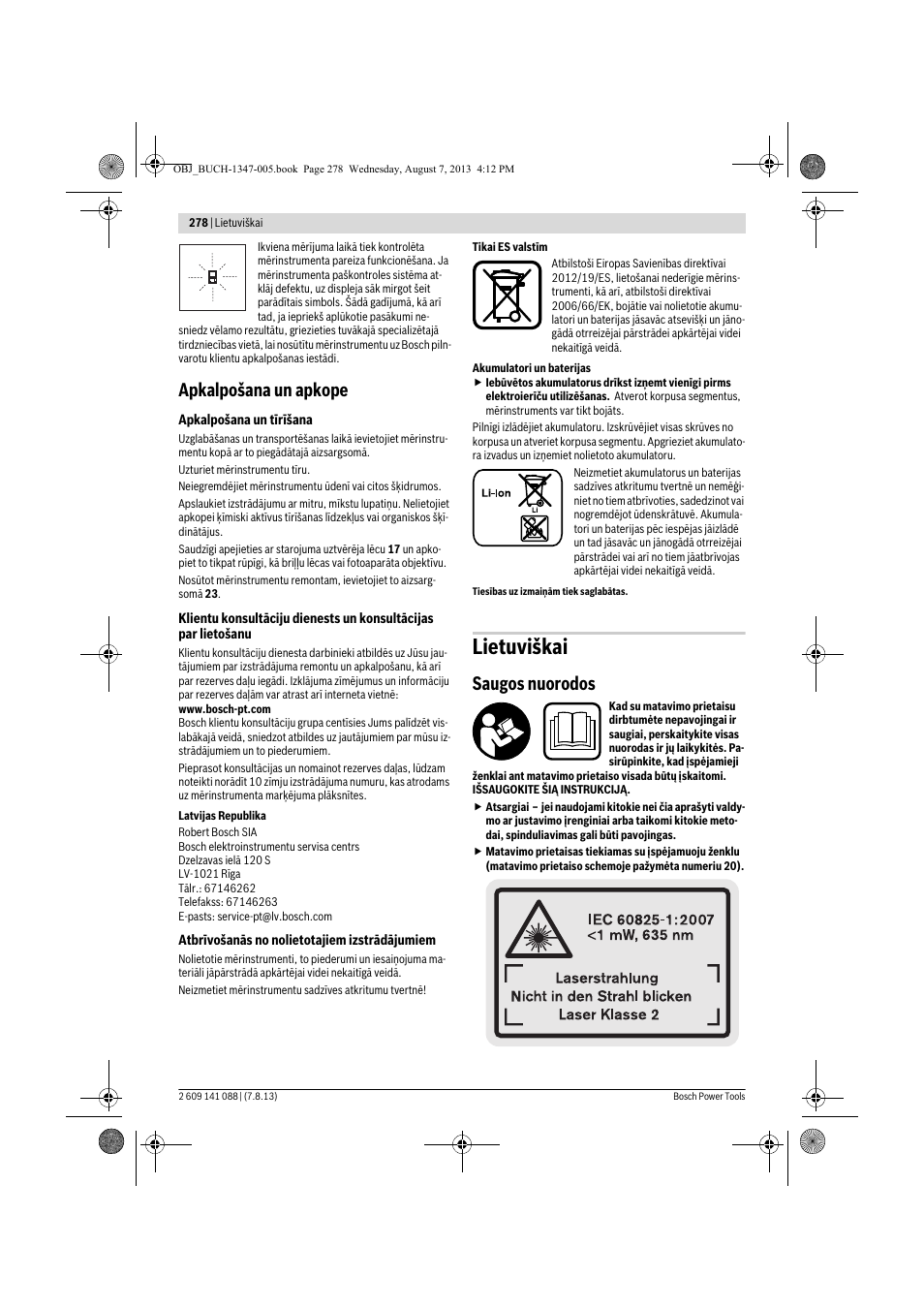 Lietuviškai, Apkalpošana un apkope, Saugos nuorodos | Bosch GLM 80 + R 60 Professional User Manual | Page 278 / 309