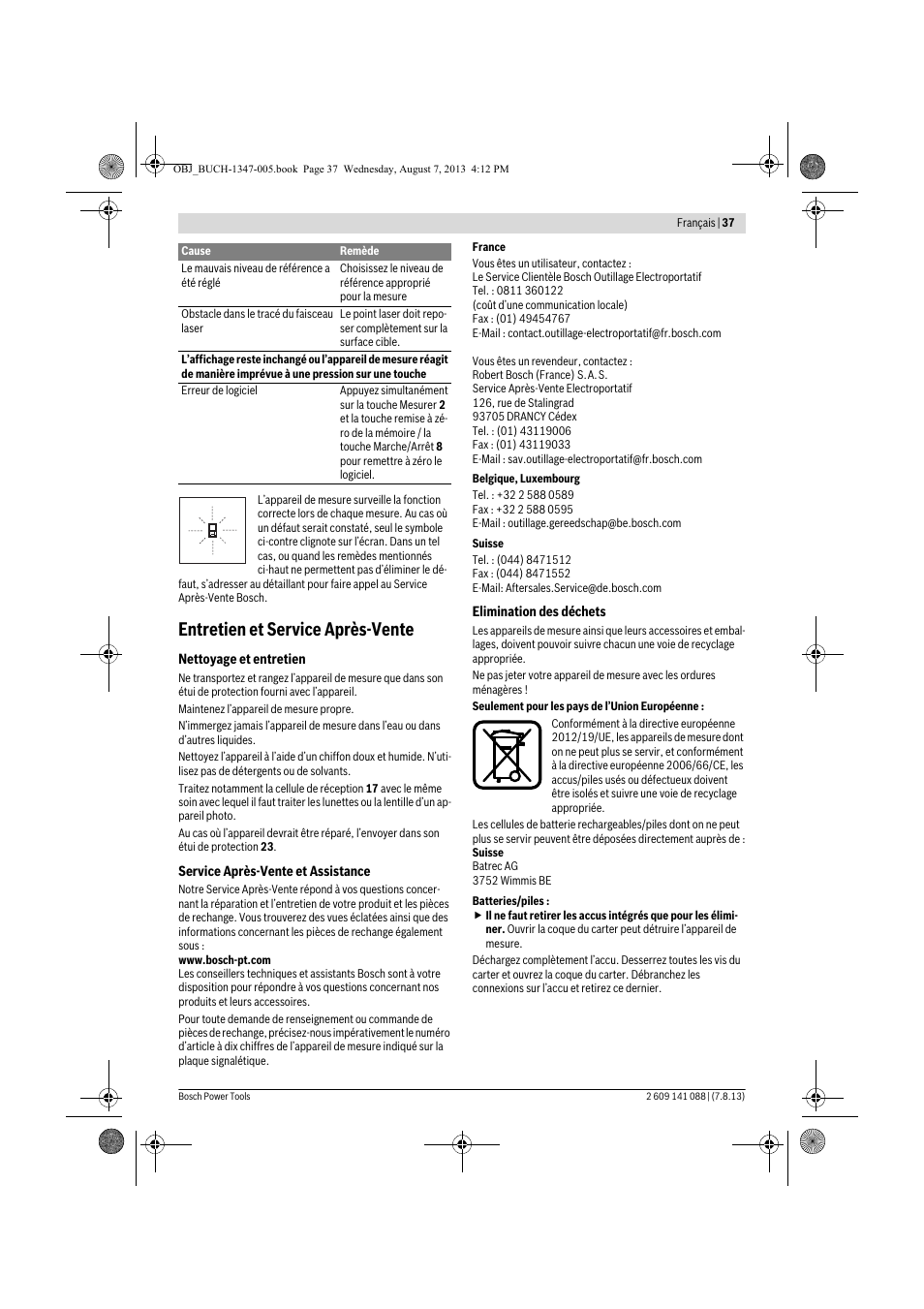 Entretien et service après-vente | Bosch GLM 80 + R 60 Professional User Manual | Page 37 / 309