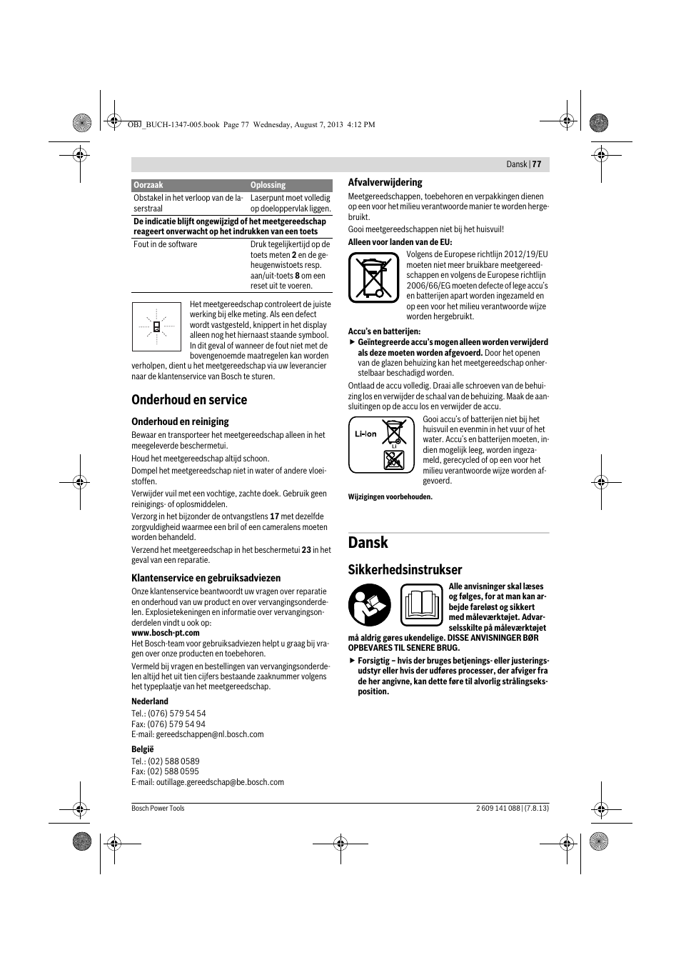 Dansk, Onderhoud en service, Sikkerhedsinstrukser | Bosch GLM 80 + R 60 Professional User Manual | Page 77 / 309