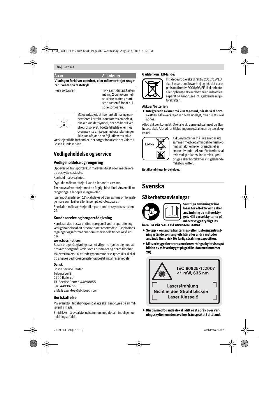Svenska, Vedligeholdelse og service, Säkerhetsanvisningar | Bosch GLM 80 + R 60 Professional User Manual | Page 86 / 309