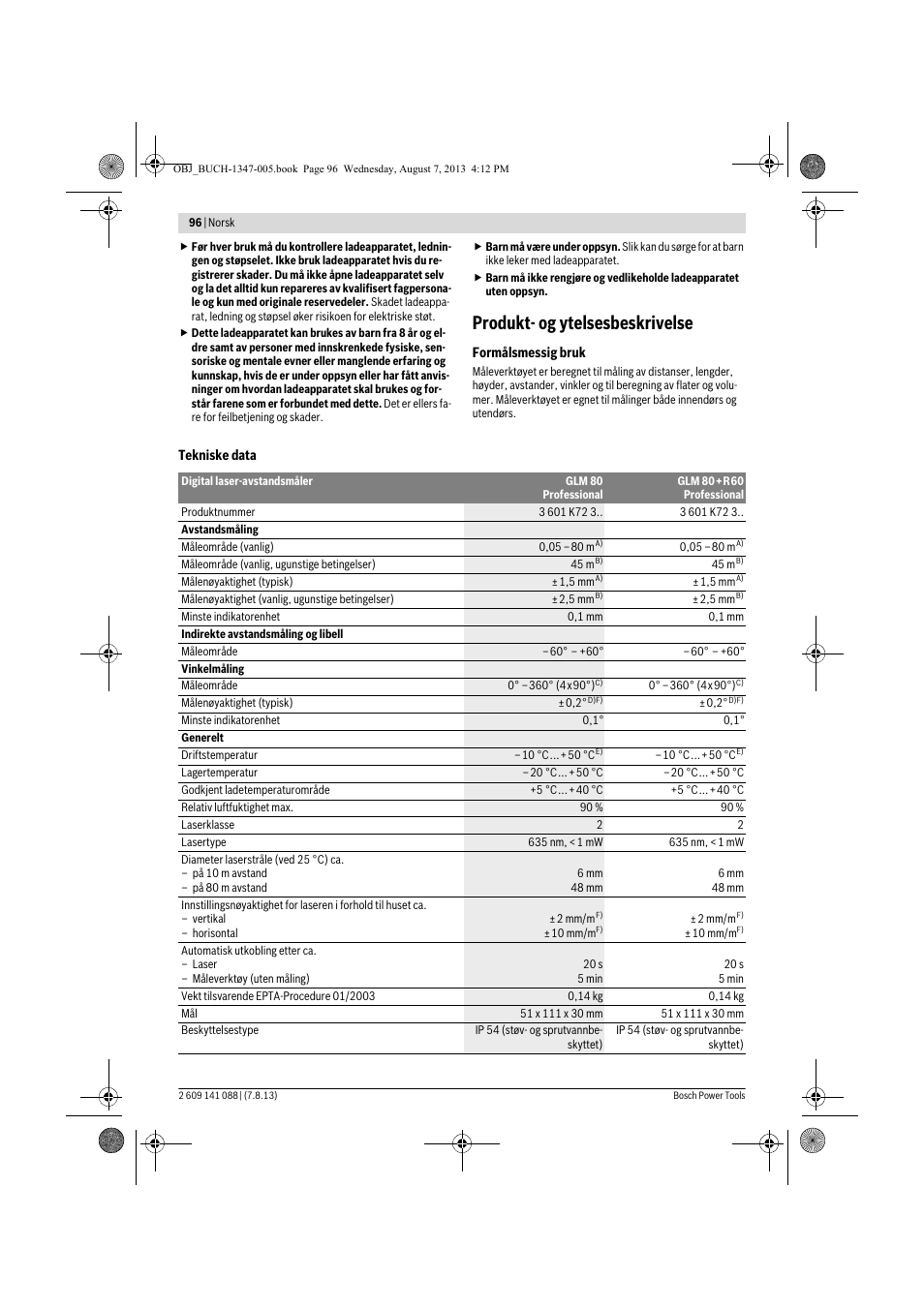 Produkt- og ytelsesbeskrivelse | Bosch GLM 80 + R 60 Professional User Manual | Page 96 / 309