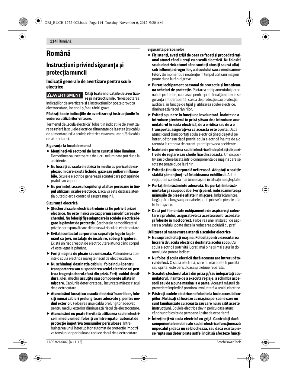 Română, Instrucţiuni privind siguranţa şi protecţia muncii | Bosch GSA 10,8 V-LI Professional User Manual | Page 114 / 172