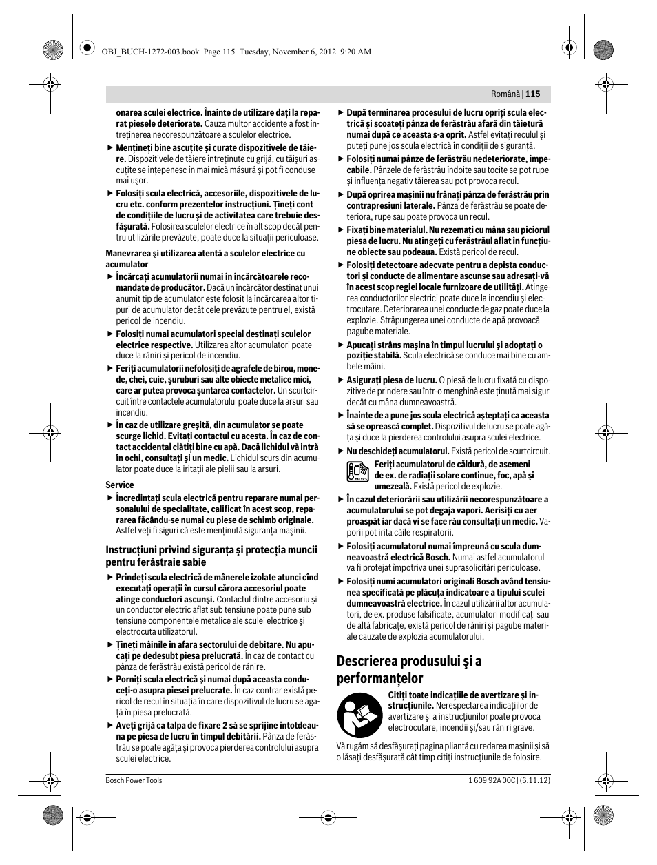 Descrierea produsului şi a performanţelor | Bosch GSA 10,8 V-LI Professional User Manual | Page 115 / 172