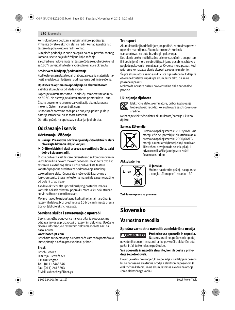 Slovensko, Održavanje i servis, Varnostna navodila | Bosch GSA 10,8 V-LI Professional User Manual | Page 130 / 172