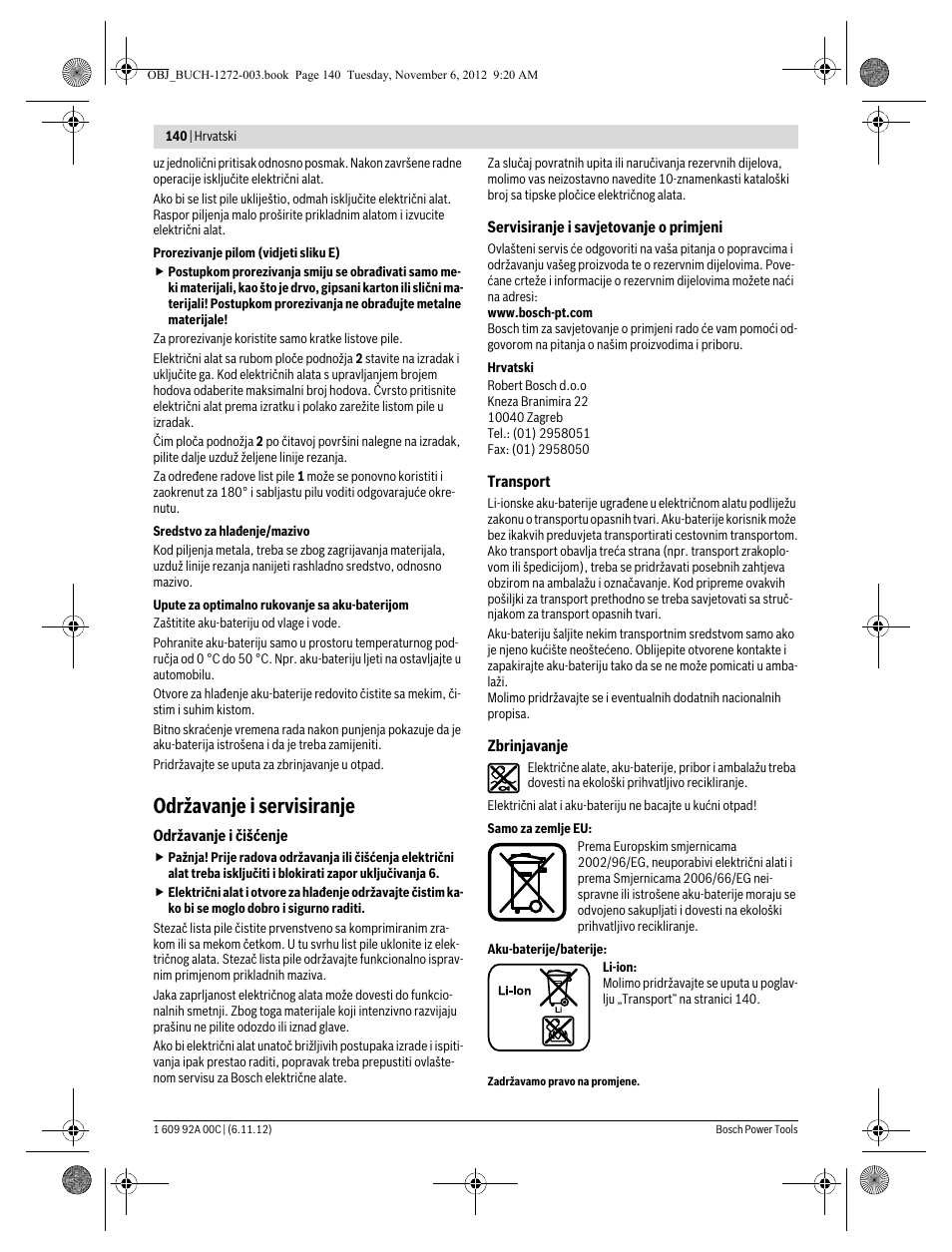 Održavanje i servisiranje | Bosch GSA 10,8 V-LI Professional User Manual | Page 140 / 172