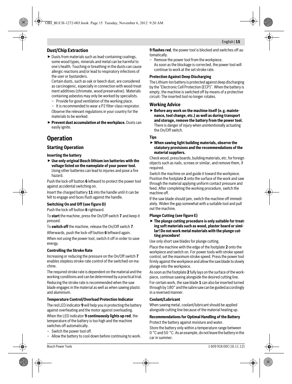 Operation | Bosch GSA 10,8 V-LI Professional User Manual | Page 15 / 172