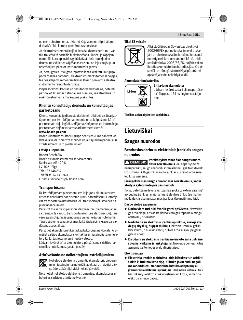 Lietuviškai, Saugos nuorodos | Bosch GSA 10,8 V-LI Professional User Manual | Page 151 / 172