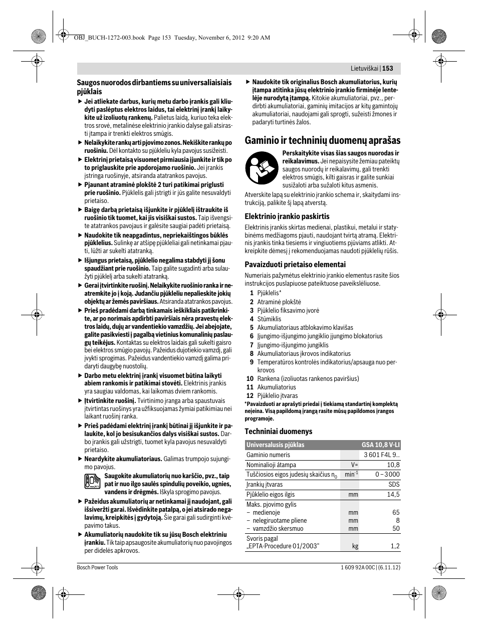 Gaminio ir techninių duomenų aprašas | Bosch GSA 10,8 V-LI Professional User Manual | Page 153 / 172