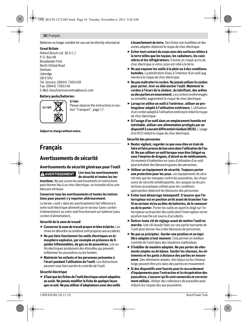 Français, Avertissements de sécurité | Bosch GSA 10,8 V-LI Professional User Manual | Page 18 / 172