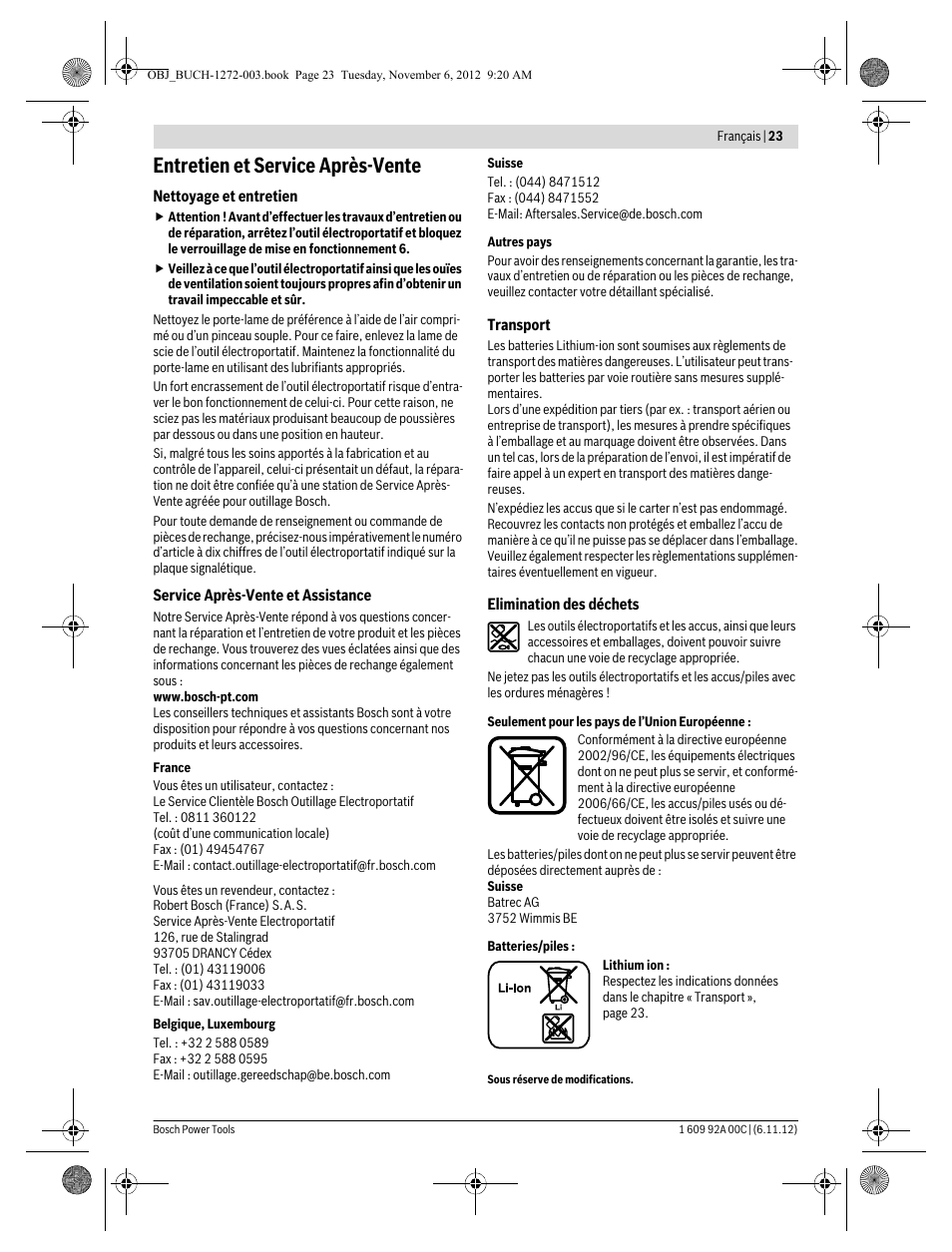 Entretien et service après-vente | Bosch GSA 10,8 V-LI Professional User Manual | Page 23 / 172