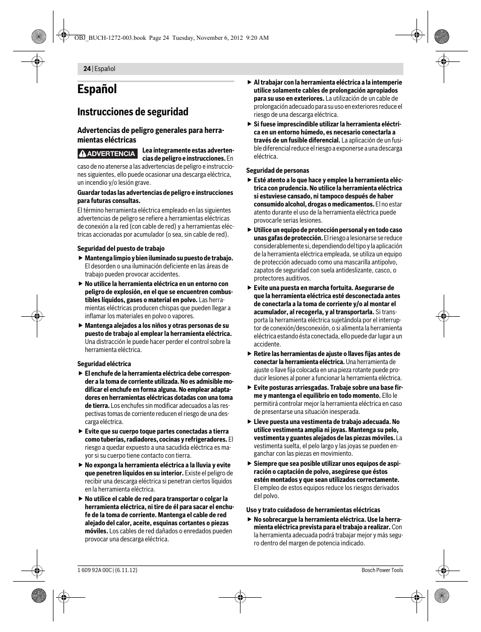 Español, Instrucciones de seguridad | Bosch GSA 10,8 V-LI Professional User Manual | Page 24 / 172