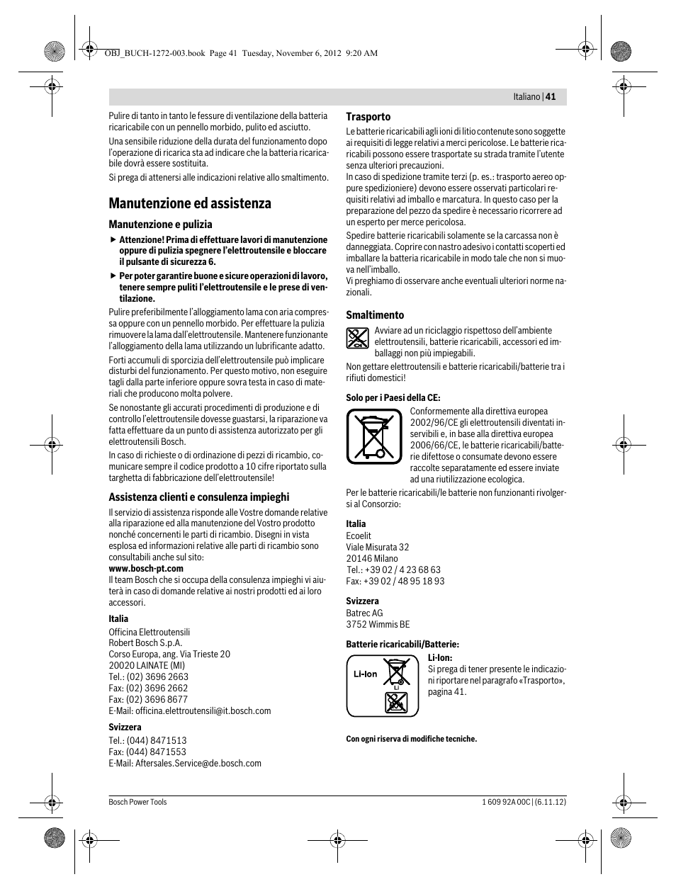 Manutenzione ed assistenza | Bosch GSA 10,8 V-LI Professional User Manual | Page 41 / 172