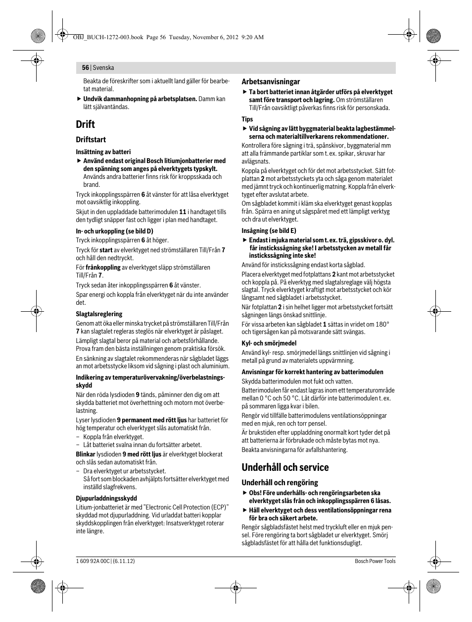 Drift, Underhåll och service | Bosch GSA 10,8 V-LI Professional User Manual | Page 56 / 172