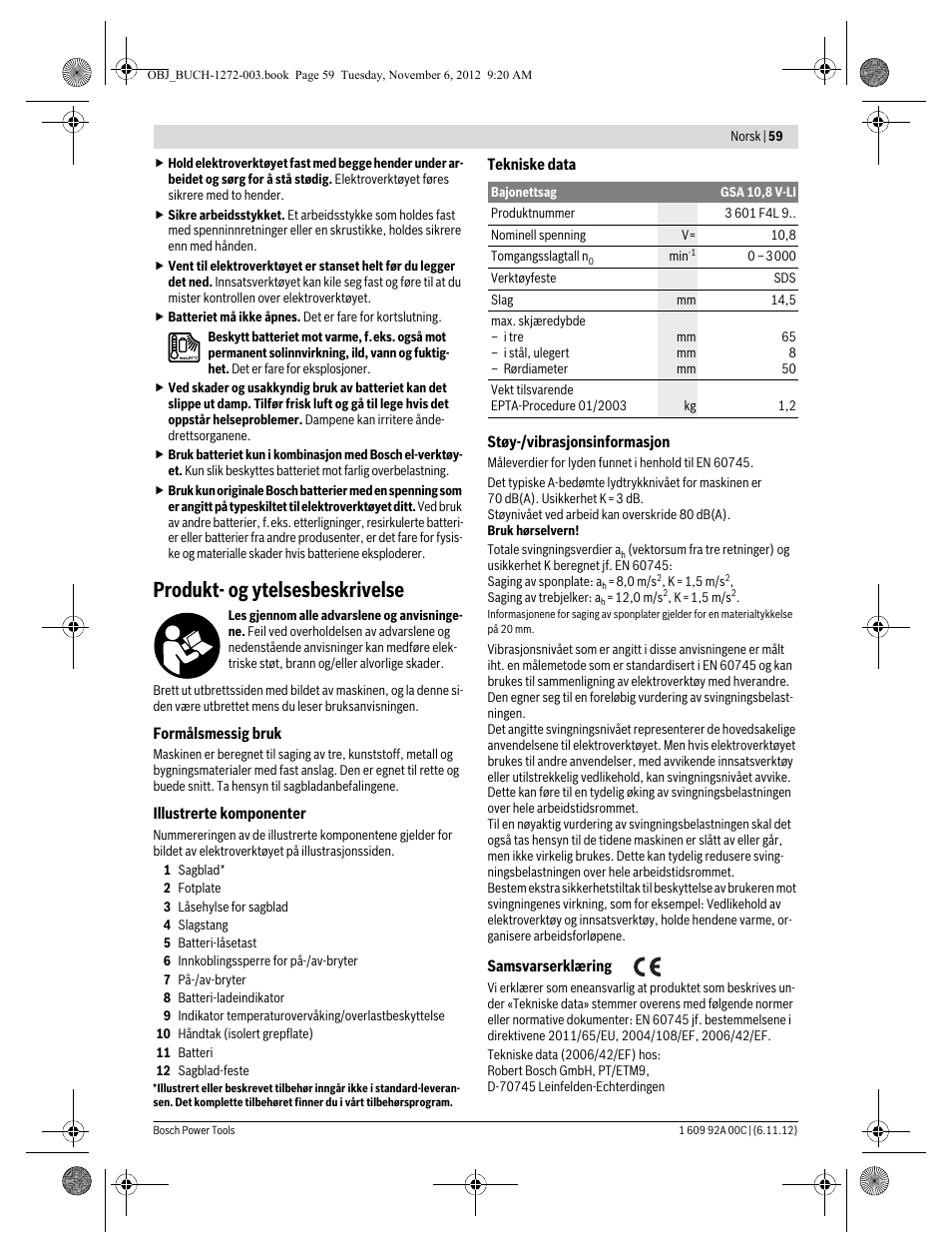 Produkt- og ytelsesbeskrivelse | Bosch GSA 10,8 V-LI Professional User Manual | Page 59 / 172