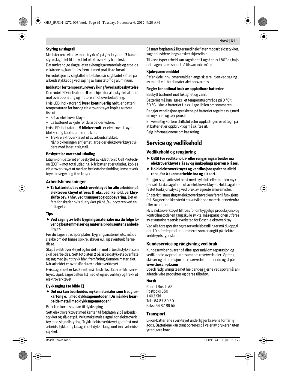 Service og vedlikehold | Bosch GSA 10,8 V-LI Professional User Manual | Page 61 / 172