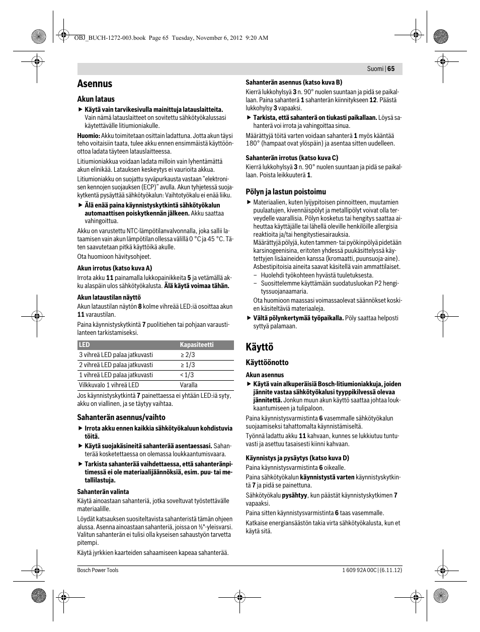 Asennus, Käyttö | Bosch GSA 10,8 V-LI Professional User Manual | Page 65 / 172