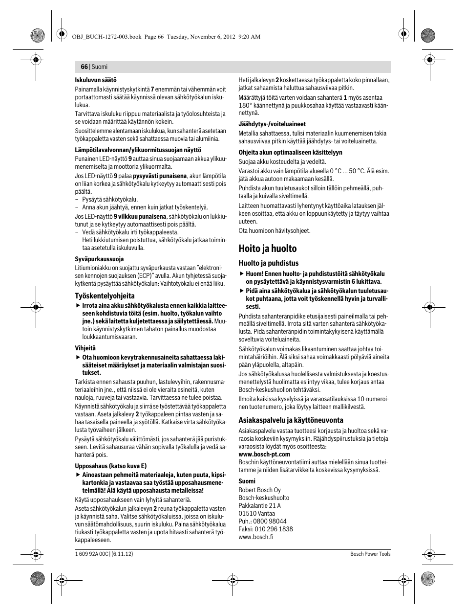 Hoito ja huolto | Bosch GSA 10,8 V-LI Professional User Manual | Page 66 / 172