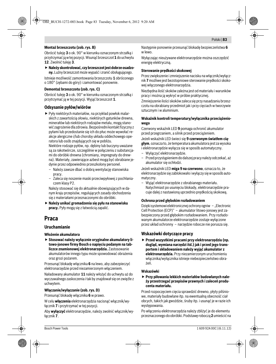 Praca | Bosch GSA 10,8 V-LI Professional User Manual | Page 83 / 172
