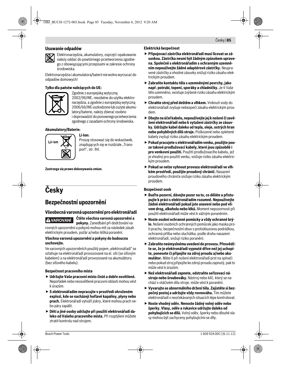 Česky, Bezpečnostní upozornění | Bosch GSA 10,8 V-LI Professional User Manual | Page 85 / 172