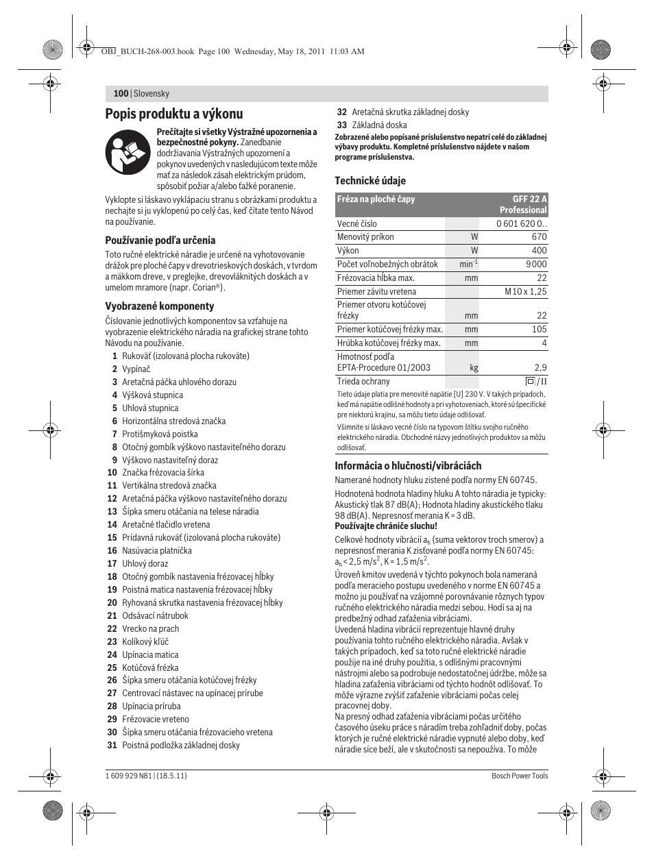 Popis produktu a výkonu | Bosch GFF 22 A Professional User Manual | Page 100 / 173