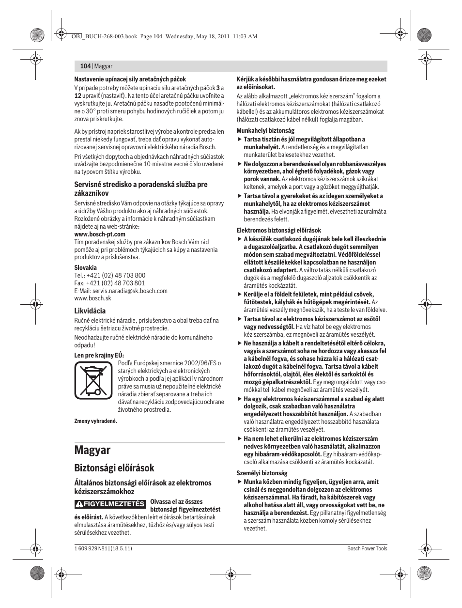 Magyar, Biztonsági előírások | Bosch GFF 22 A Professional User Manual | Page 104 / 173