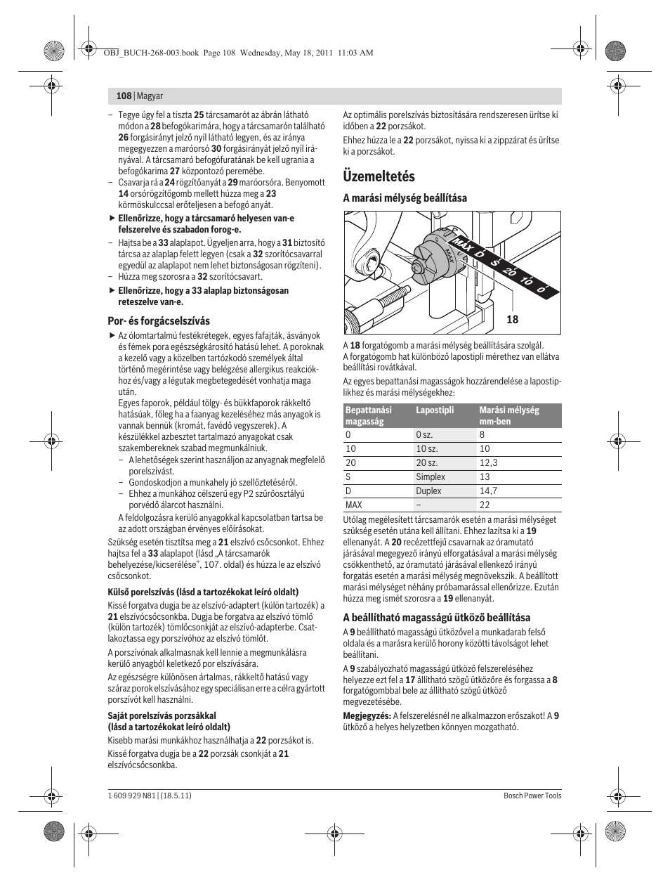 Üzemeltetés | Bosch GFF 22 A Professional User Manual | Page 108 / 173