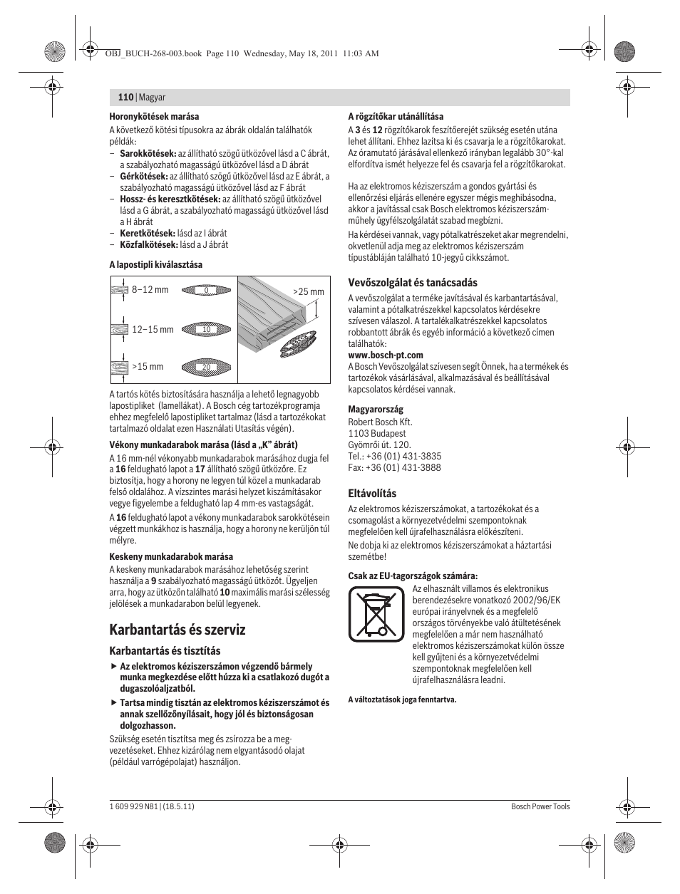 Karbantartás és szerviz | Bosch GFF 22 A Professional User Manual | Page 110 / 173