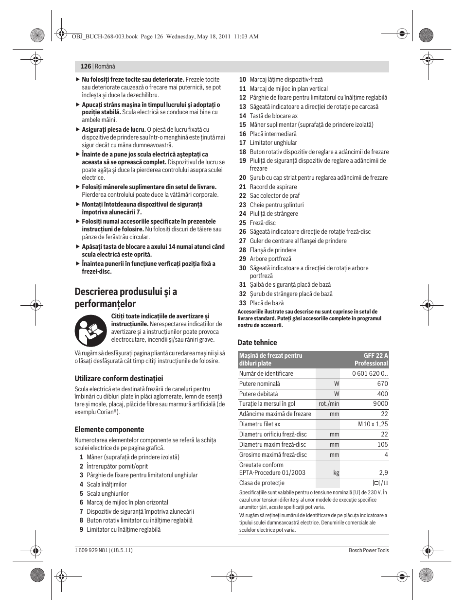 Descrierea produsului şi a performanţelor | Bosch GFF 22 A Professional User Manual | Page 126 / 173