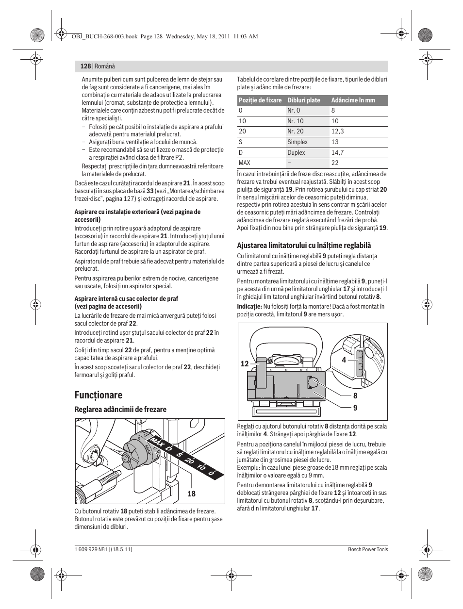 Funcţionare | Bosch GFF 22 A Professional User Manual | Page 128 / 173