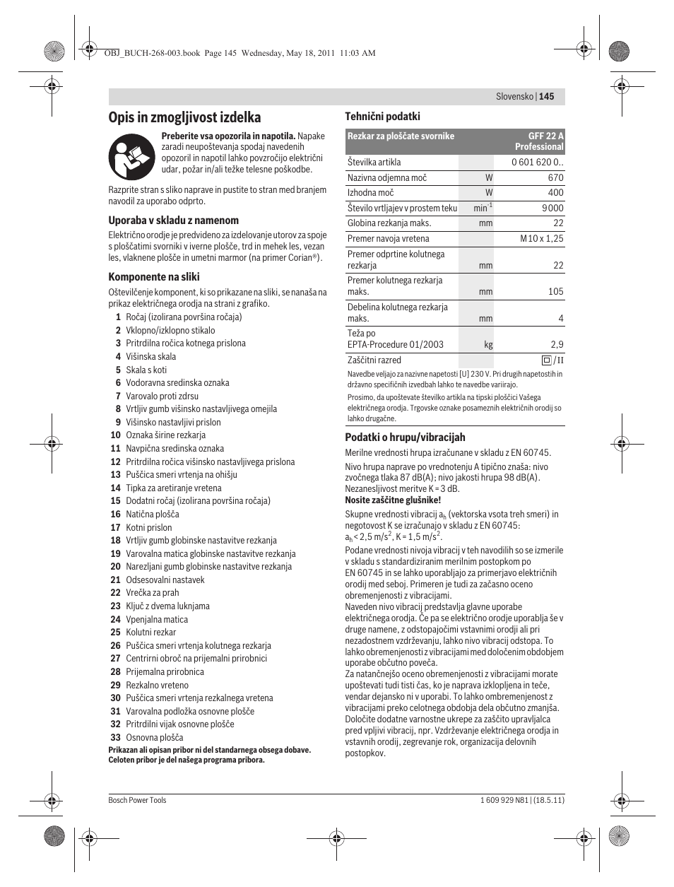 Opis in zmogljivost izdelka | Bosch GFF 22 A Professional User Manual | Page 145 / 173