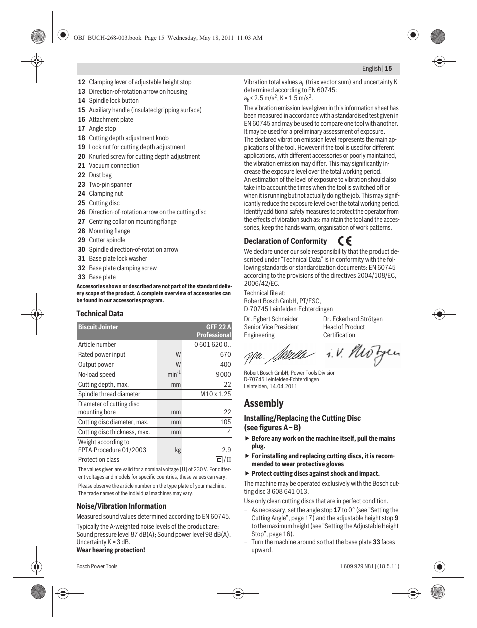 Assembly | Bosch GFF 22 A Professional User Manual | Page 15 / 173