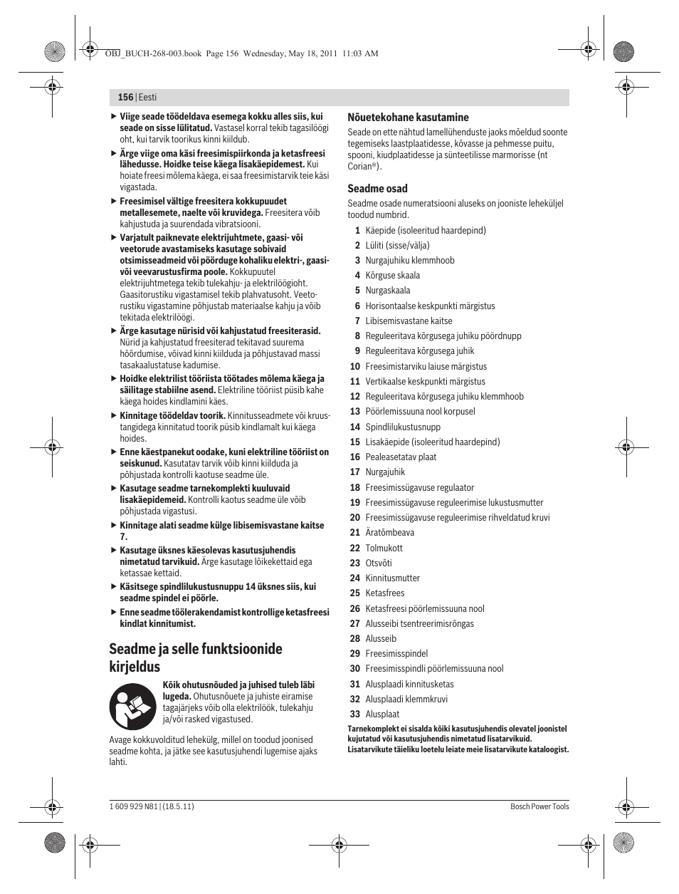 Seadme ja selle funktsioonide kirjeldus | Bosch GFF 22 A Professional User Manual | Page 156 / 173