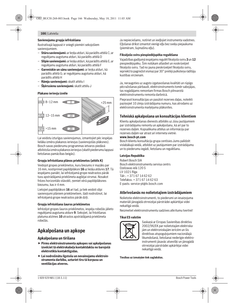 Apkalpošana un apkope | Bosch GFF 22 A Professional User Manual | Page 166 / 173