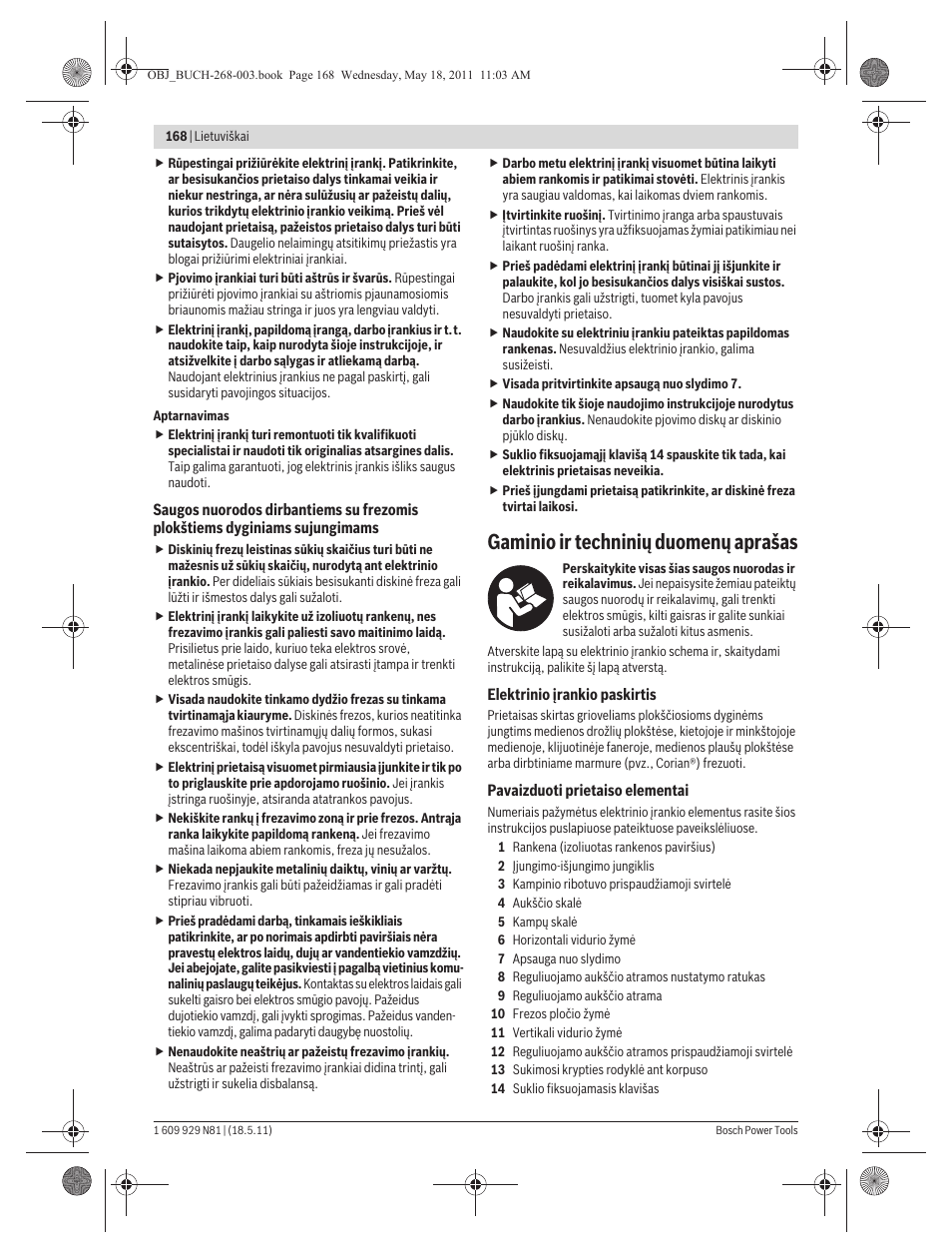 Gaminio ir techninių duomenų aprašas | Bosch GFF 22 A Professional User Manual | Page 168 / 173