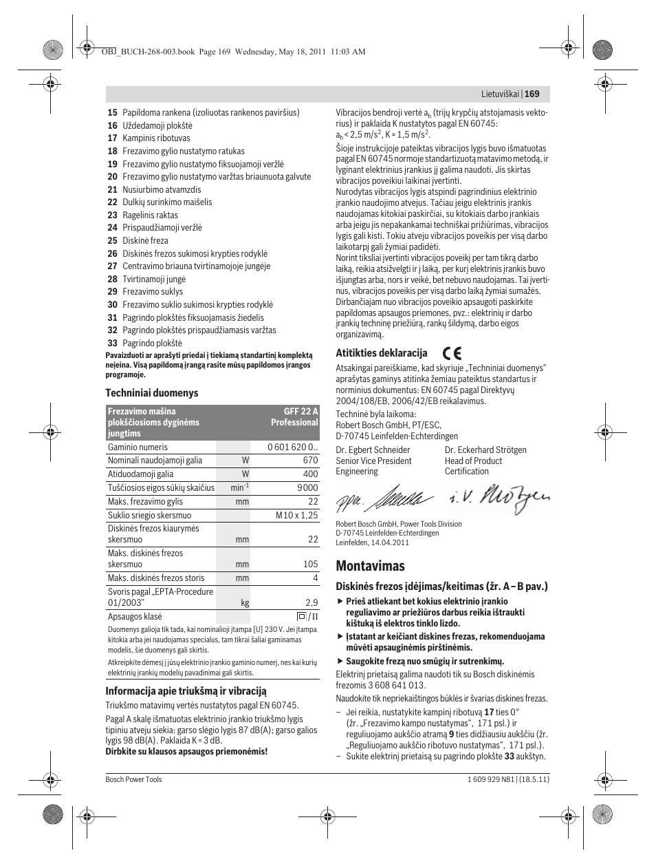 Montavimas | Bosch GFF 22 A Professional User Manual | Page 169 / 173