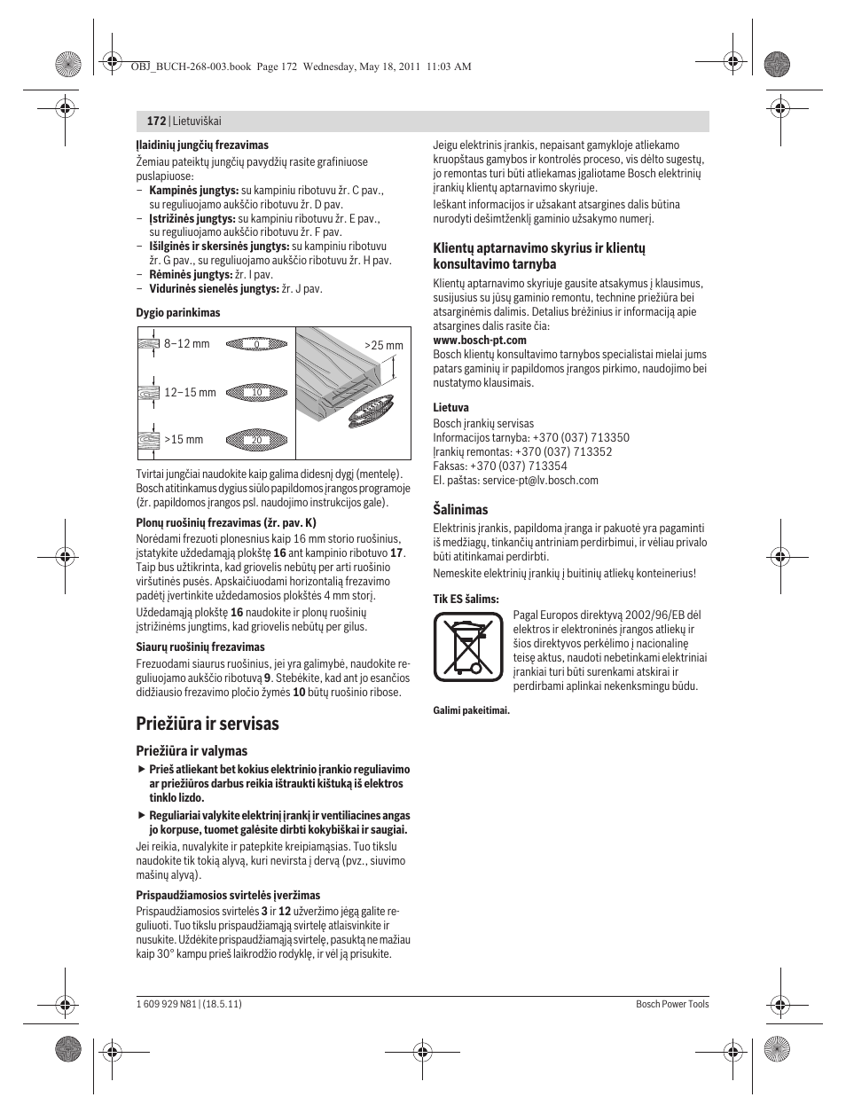 Priežiūra ir servisas | Bosch GFF 22 A Professional User Manual | Page 172 / 173