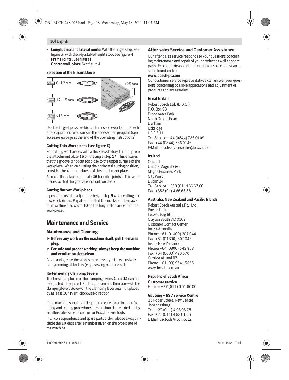 Maintenance and service | Bosch GFF 22 A Professional User Manual | Page 18 / 173