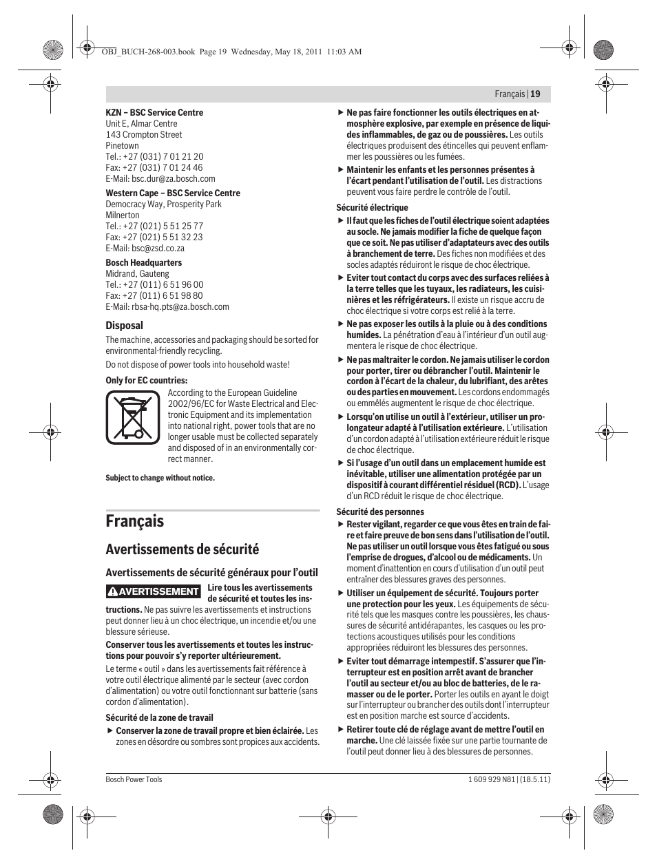 Français, Avertissements de sécurité | Bosch GFF 22 A Professional User Manual | Page 19 / 173