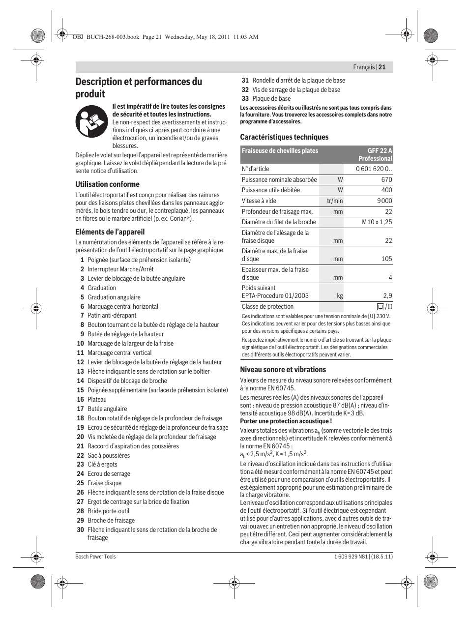 Description et performances du produit | Bosch GFF 22 A Professional User Manual | Page 21 / 173