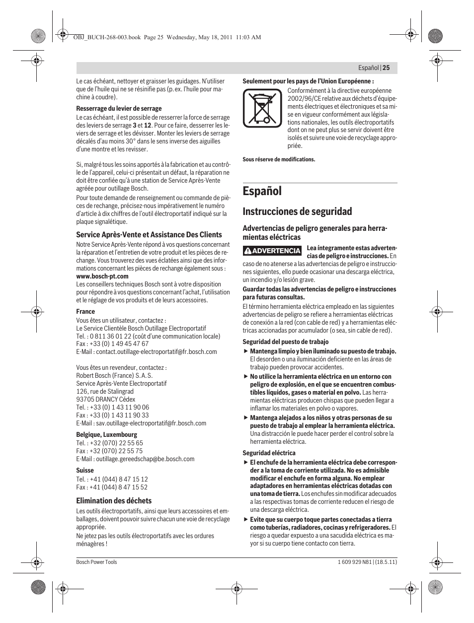 Español, Instrucciones de seguridad | Bosch GFF 22 A Professional User Manual | Page 25 / 173