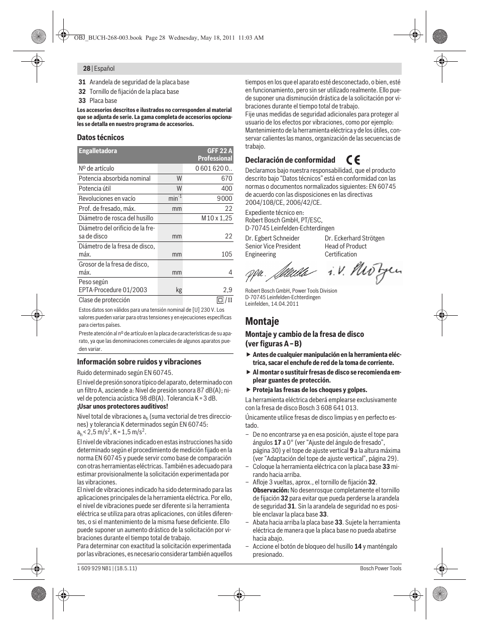 Montaje | Bosch GFF 22 A Professional User Manual | Page 28 / 173