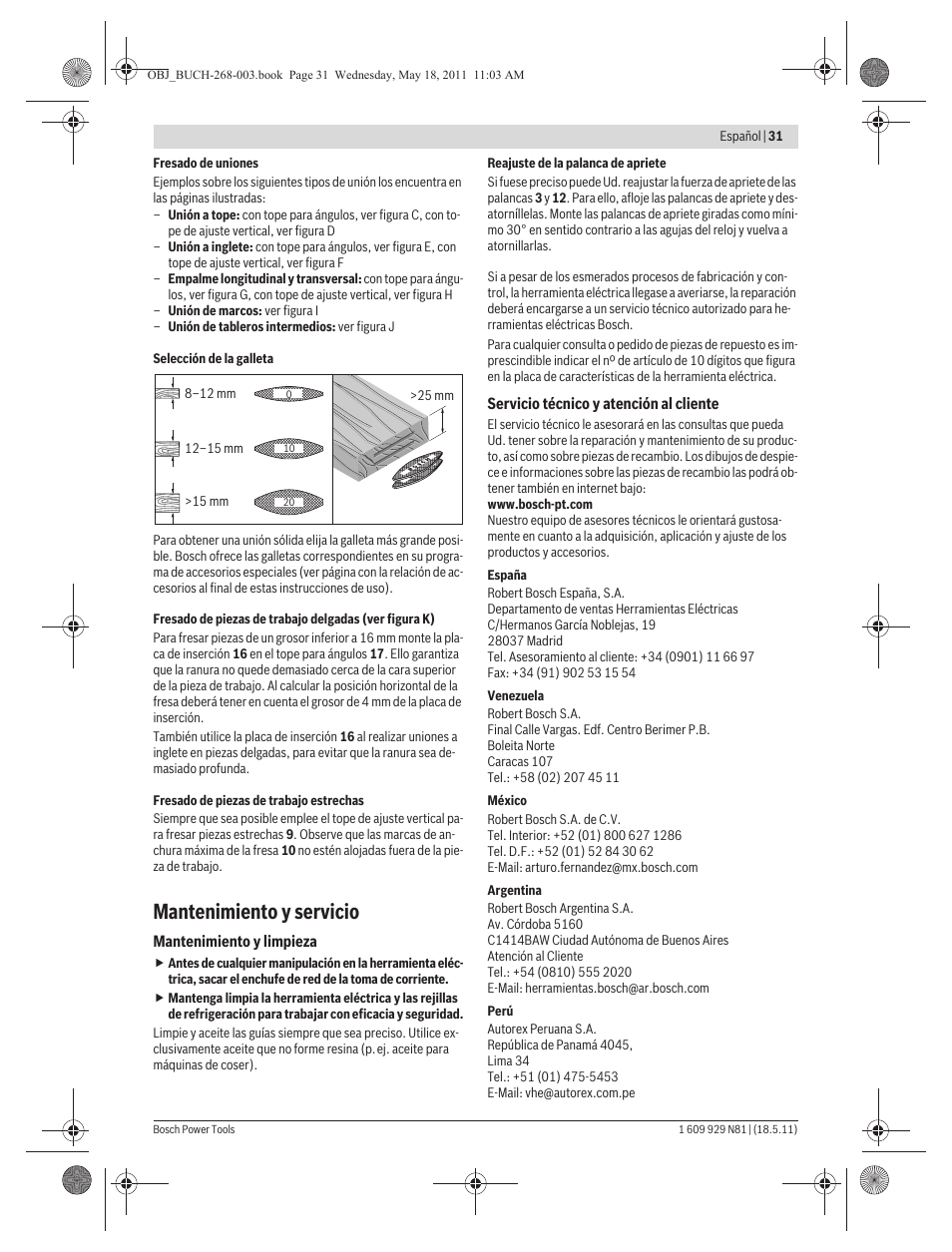 Mantenimiento y servicio | Bosch GFF 22 A Professional User Manual | Page 31 / 173