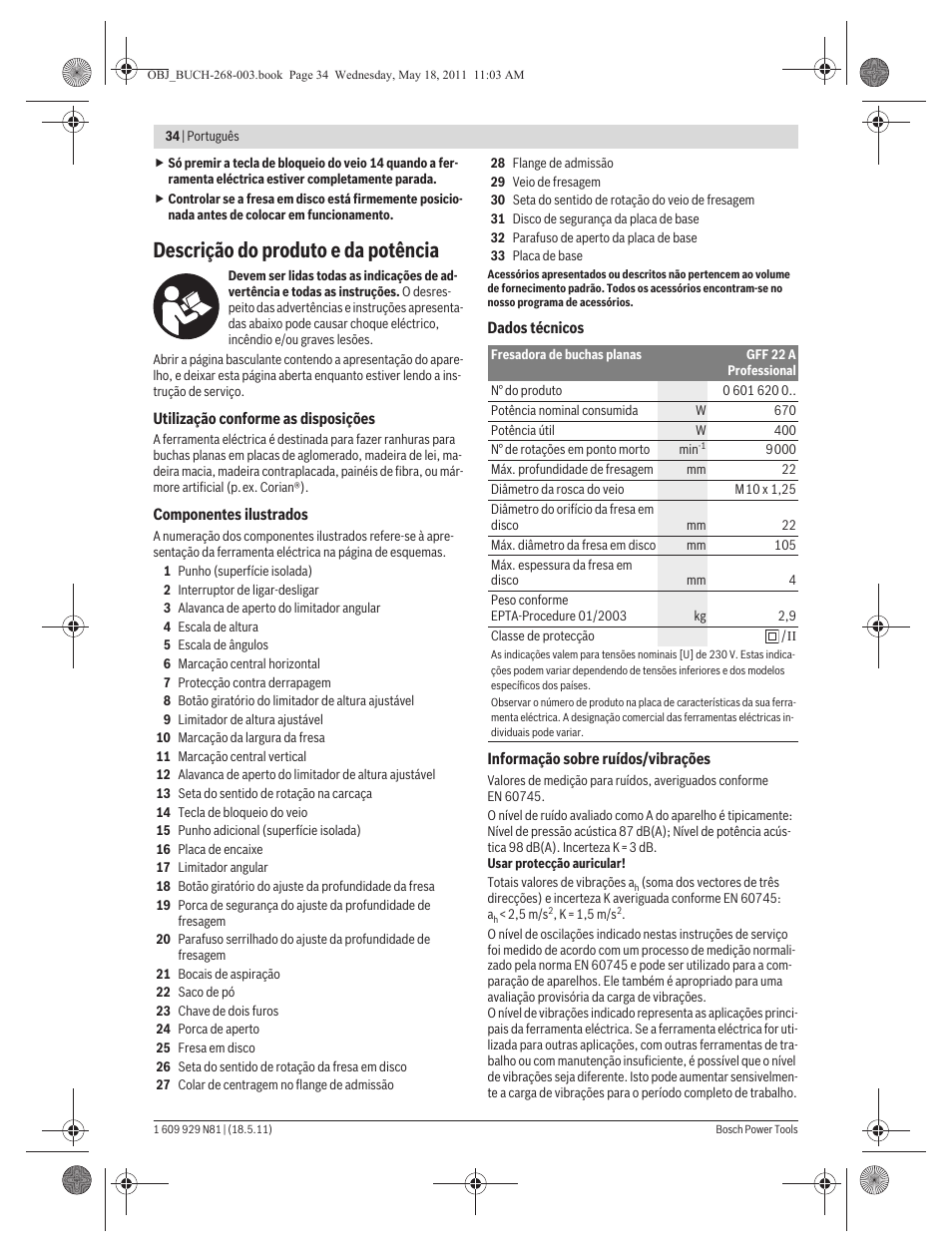 Descrição do produto e da potência | Bosch GFF 22 A Professional User Manual | Page 34 / 173