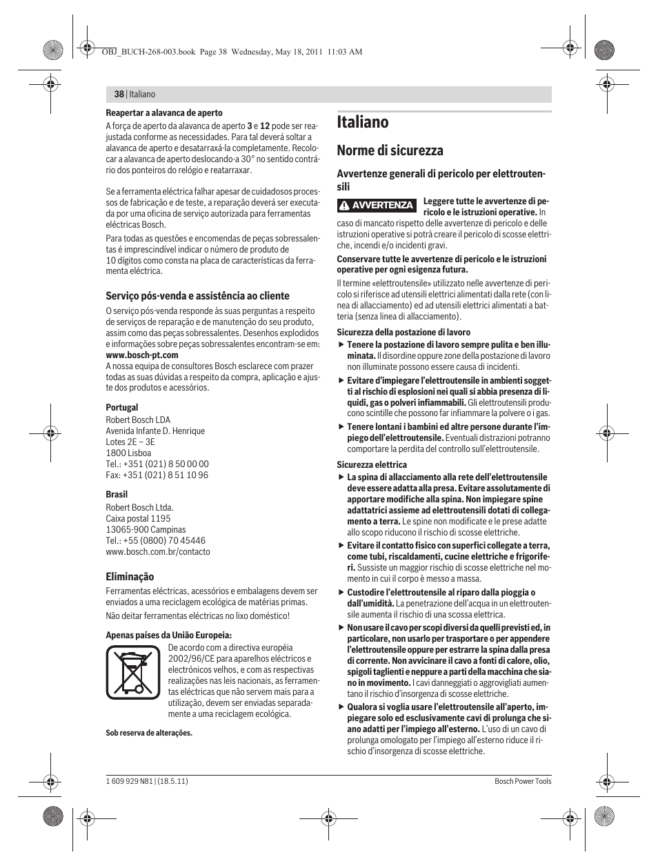 Italiano, Norme di sicurezza | Bosch GFF 22 A Professional User Manual | Page 38 / 173