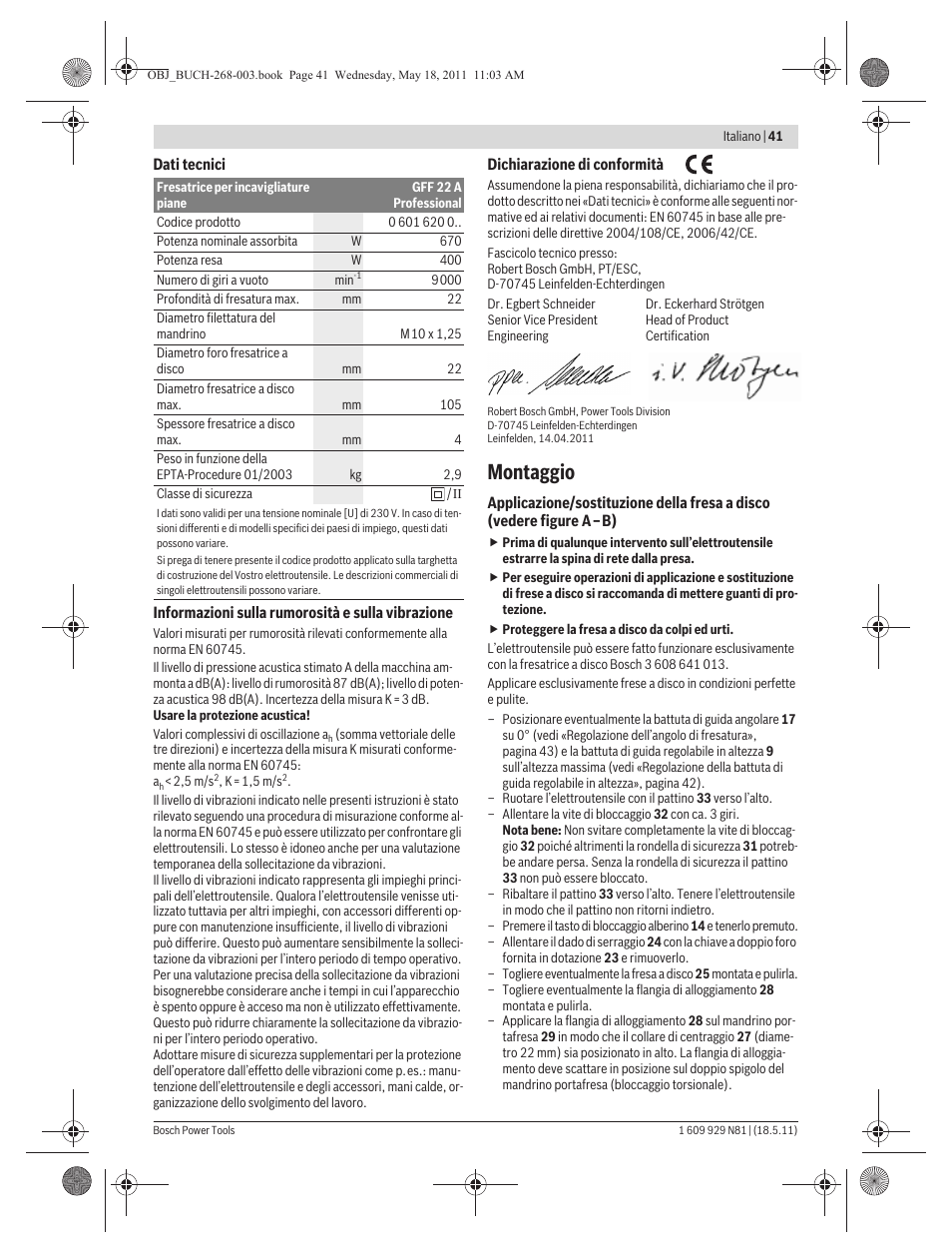 Montaggio | Bosch GFF 22 A Professional User Manual | Page 41 / 173